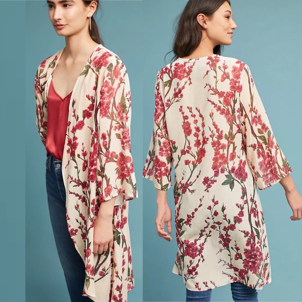 Anthropologie Velvet Cherry Blossom Kimono Open Front Duster Cardigan Bohemian L